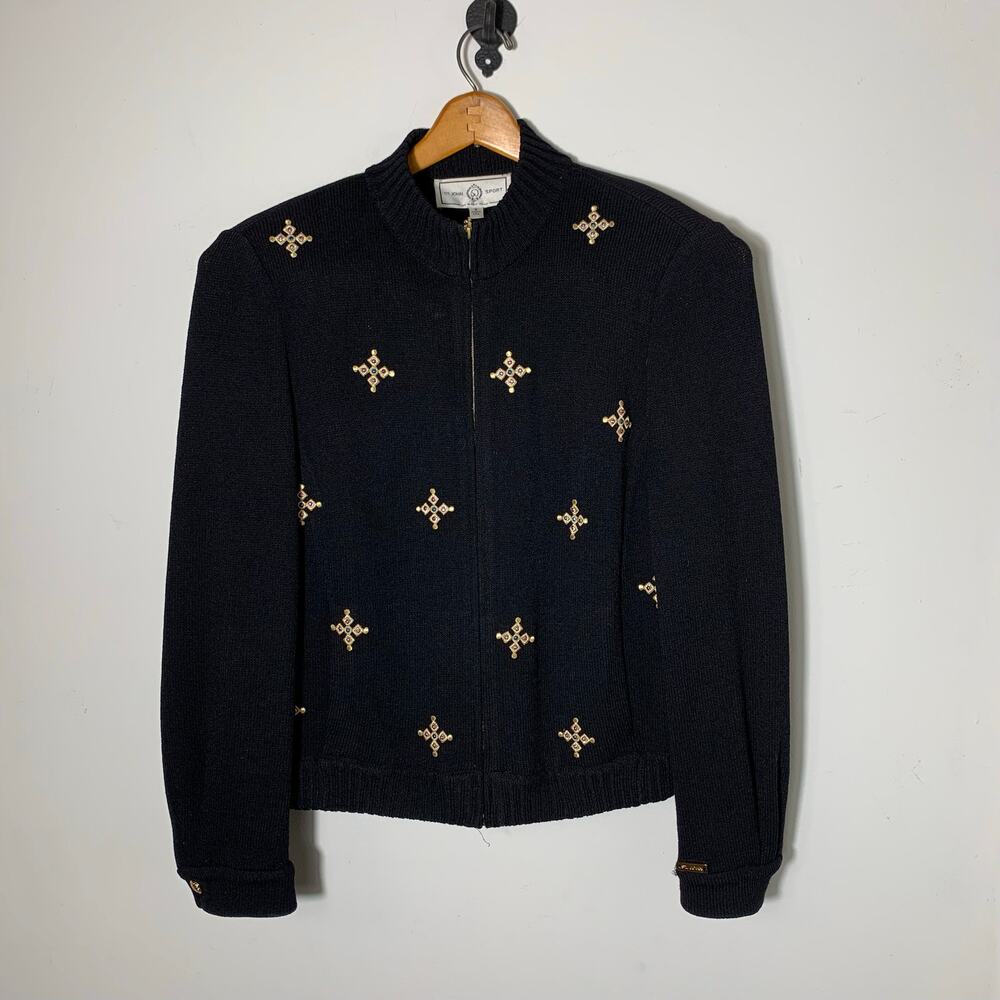 Womens St. John Sport Cardigan Black Embroidered Size M EUC!